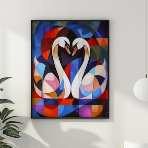Abstract Swans Poster Print Modern Wall Art Cubeism Wall Decor Colorful Painting Swan Lover Gift Idea Matte Poster