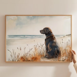 Coastal Dog Printable Wall Art Chocolate Labrador Beach Watercolor Painting Beach House Home Decor Lab Mom Gift Idea Poster Digital Download