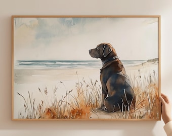 Coastal Dog Printable Wall Art Chocolate Labrador Beach Watercolor Painting Beach House Home Decor Lab Mom Gift Idea Poster Digital Download