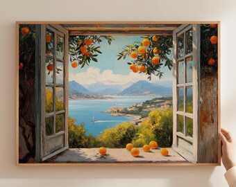 Mediterranean Sea Oil Painting Printable Open Window Scene Wall Art Coastal Landscape Oranges Wall Decor Poster Print Digital Download