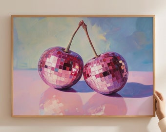 Cherry Disco Ball Painting Print Vintage Mirrorball Wall Art Maximalist Glam Wall Decor Retro Artful Trendy Discoball Cherries Matte Poster