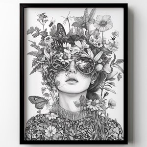 Wald Mädchen druckbare Wand Kunst Wildblumen Schmetterling Blumen Insekten Wand Dekor Vintage Blumen schwarz & weiß Zeichnung Geschenk digitaler Download