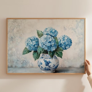 Póster con estampado de jarrón chinoiserie de hortensias azules, arte de pared, decoración de pared con flores de nacimiento de noviembre, pintura al óleo vintage, póster de granja floral azul