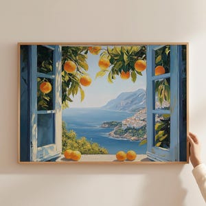 Open Window Scene Print Mediterranean Sea Wall Art Coastal Artwork Kitchen Wall Decor Vintage Oil Painting Oranges Ocean View Matte Poster