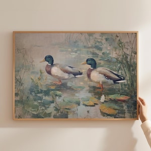 Mallard Ducks Print Wall Art Vintage Oil Painting Cabin Lodge Ranch Farmhouse Duck Hunting Wall Decor Soft Muted Hunter Gift Matte Poster