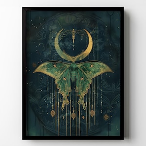 Luna Moth Cottagecore Poster Print Crescent Moon Actias Floral Modern Occult Fairycore Witchy Gothic Wall Art Artwork Gifts Matte Poster