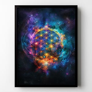 Op de afbeelding: Een kleurrijk geometrisch patroon, bekend als de Bloem des Levens, wordt omringd door een wervelende nevel in blauwe, paarse en oranje tinten. Het patroon is geplaatst op een donkerblauwe achtergrond met verspreide sterren.