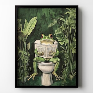 Funny Frog on Toilet Print | Botanical Bathroom Wall Art (digital ...