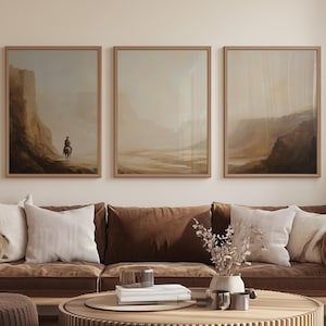 Cowboy Wall Art Set Of 3 Pieces Printable Western American Canyon Landscape Wall Decor Vintage Painting Horse Riding Poster Digital Download