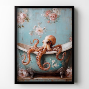 Octopus In Bathtub Poster Print Octopus Bathroom Wall Art Wall Decor Kraken Squid Vintage Floral Oil Painting Gift Idea Matte Poster