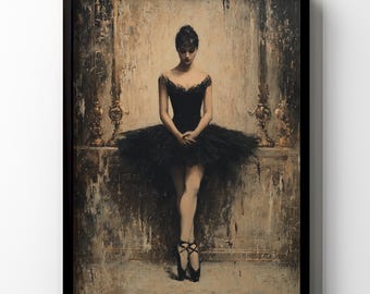 May include: A framed artwork depicts a ballerina in a black tutu and dress, standing with hands clasped. The painting has a vintage aesthetic with a muted color palette, and is set against a textured background.