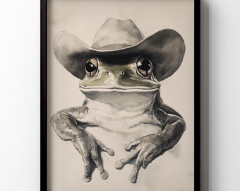 Kikker draagt cowboyhoed kunst aan de muur grappig afdrukbare westerse boerderij muur decor kikker minnaar dier cadeau poster digitale download
