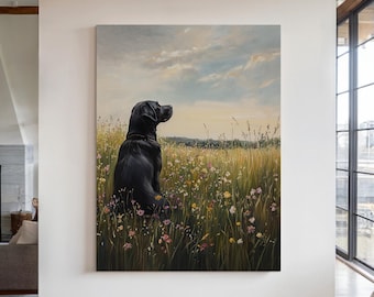 Black Labrador Wildflower Canvas Wall Art Black Lab Dog Wall Decor Farmhouse Vintage Oil Painting Lab Mom Home Decor Matte Canvas Print