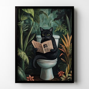 黒猫トイレ浴室壁装飾面白い猫の印刷可能な壁アート熱帯植物植物浴室トイレトイレデジタルダウンロード
