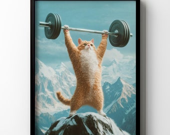 May include: A humorous illustration of an orange cat lifting a barbell with a mountain range in the background. The cat is lifting the barbell with its front paws, and its back legs are on a snowy mountain peak.