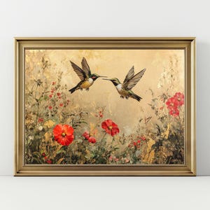 Hummingbird Wildflower Printable Wall Art Flower Wall Decor Vintage Floral Oil Painting Gold Aesthetic Eclectic Bird Print Download