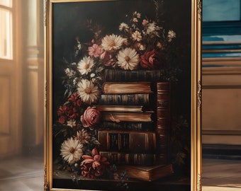 May include: A framed painting of a still life featuring a bouquet of pink, white, and red flowers arranged around a stack of antique books. The painting is set against a dark background and framed in a gold frame.