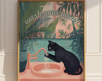 Wash Your Paws Black Cat Bathroom Poster Print Funny Cat Lover Wall Decor Vintage Botanical Restroom Toilet Wall Art Sign Matte Poster