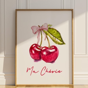 Ma Cherie Poster Print Mon Cherie Cherry Wall Art French Saying Pink Ribbon Modern Artful Trendy Wall Decor For Girls Gift Idea Matte Poster