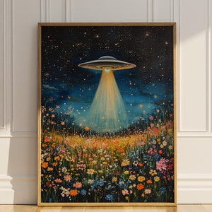 May include: A painting depicting a field of colourful flowers with a flying saucer hovering above. The saucer is emitting a beam of light that illuminates the flowers.