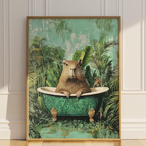 Capybara in Bathtub Art Print | Botanical Bathroom Wall Decor