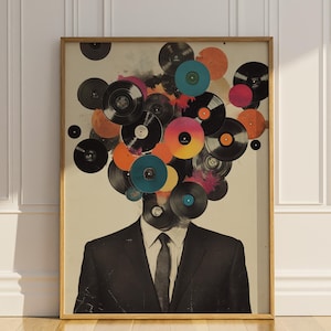 Vinyl Records Wall Art Printable Vintage Collage Man In Suit Modern Wall Decor DJ Retro Music Lover Gift Pop Art Home Decor Digital Download