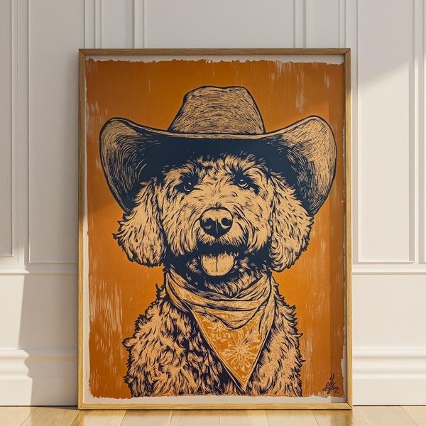 Póster con estampado de sombrero de vaquero Goldendoodle, divertido arte de pared de Labradoodle para guardería, decoración de pared para niños, amante de los perros del oeste, idea de regalo para mamá, póster mate