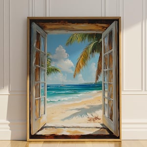 Open Window Scene Oil Painting Printable Wall Art Tropical Beach House Palm Trees Coastal Wall Decor Poster Print Digital Download