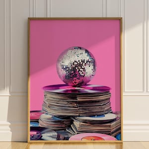 Vinyl Records Disco Ball Poster Print Mirror Ball Wall Art Music Lover Wall Decor Vintage Retro 70s Pink Trendy DJ Mirrorball Poster Matte