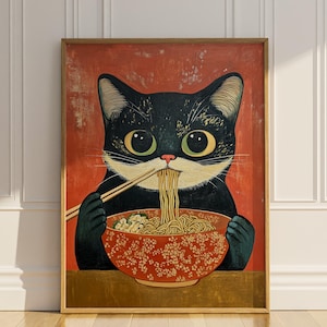 Cat Eating Ramen Wall Art Printable Vintage Japanese Kitchen Wall Decor Black Cat Ramen Noodles Asian Restaurant Decor Digital Download