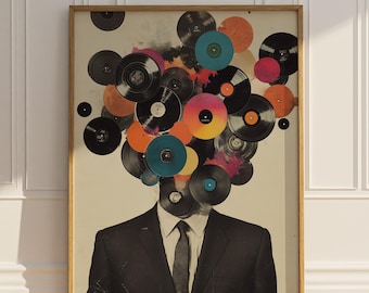 Vinyl Records Poster Print Vintage Collage Wall Art DJ Retro Vintage Man In Suit Music Lover Psychedelic Trippy Art Wall Decor Matte Poster