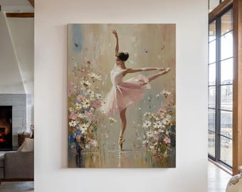 May include: A framed painting of a ballerina in a pink tutu, en pointe. The artwork has a soft, impressionistic style with a floral backdrop of white and pink flowers. The ballerina's pose is graceful, with one arm raised and the other extended.