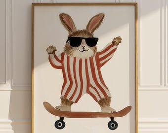 May include: A watercolor illustration of a rabbit wearing red and white striped pajamas and sunglasses, riding a skateboard.