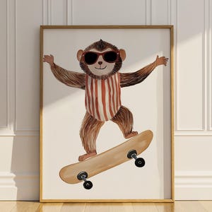 Monkey Skateboard Wall Art Funny Cute Printable Kid&#39;s Room Skater Animal Playful Nursery Wall Decor Watercolor Safari Jungle Print Download