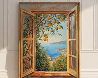 Open Window Scene Oil Painting Printable Wall Art Mediterranean Sea Coastal Landscape Oranges Wall Decor Poster Print Digital Download