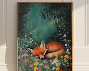 Fox Sleeping Wildflower Wall Art Printable Oil Painting Floral Kid's Room Nursery Wall Decor Cute Fox Lover Gift Digital Download