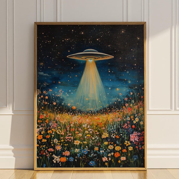 Póster de flores silvestres de ovni, impresión de pintura al óleo, cielo nocturno, arte de pared floral, ingenioso, moderno, extraterrestre, creyente, decoración de pared, regalo, póster mate