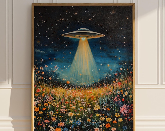 Ufo Wildflowers Poster Print Oil Painting Night Sky Floral Wall Art Artful Trendy Modern Alien Believer Wall Decor Gift Matte Poster