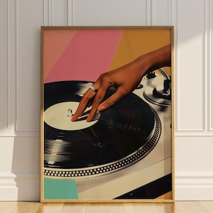 Vinyl Record Player Printable Wall Art Vintage Retro Turntable Music Lover Wall Decor Black Woman Girl DJ Gift Idea Poster Digital Download