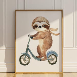 Faultier Reiten Roller Wand Kunst lustig niedlich druckbare Kinderzimmer Kinderzimmer Wand Dekor Aquarell Malerei Tier Geschlecht Neutral digitaler Download