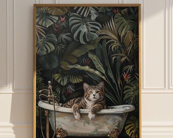 Cat Bathroom Poster Print Funny Cat In Bathtub Wall Art Tropical Plants Dark Green Jungle Bathroom Toilet Restroom Wall Art Matte Poster