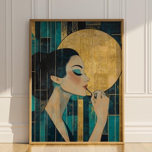 Beauty Salon Wall Decor Poster Print Make Up Artist Powder Room Art Deco Wall Art Bue Gold Vintage Home Bathroom Sign Gift Matte Poster
