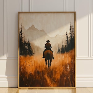 Cowboy Riding Horse Oil Painting Poster Print Minimalist Vintage Wall Art Farmhouse Decor Farm Western Wall Decor Gift Idea Matte Poster