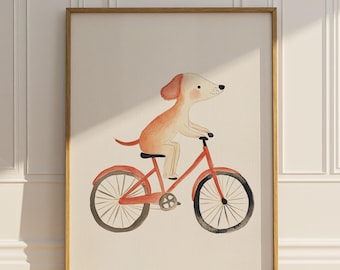Dog Riding Bicycle Wall Art Funny Cute Printable Kid's Room Nursery Wall Decor Watercolor Animal Dog On Bike Gift Idea Digital Download