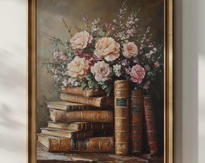 Books Wildflowers Poster Print Vintage Oil Painting Wall Art Dark Academia Wall Decor Floral Artwork Flowers Book Lover Gifts Matte Poster