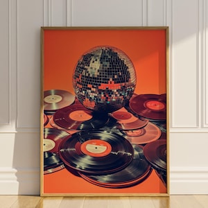 Discobal en vinylplaten Afdrukbare muurkunst vintage retro oranje muziekliefhebber muur decor DJ cadeau idee spiegelbol poster digitale download