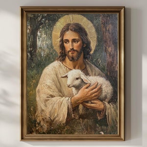 Jesus Lamb Portrait Poster Print Christian Wall Decor Jesus Leaves The 99 Lost Sheep Lamb LDS Home Decor Gift Idea Matte Poster