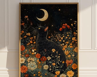 May include: A framed art print featuring a black cat gazing upwards at a crescent moon and stars in a night sky. The cat is surrounded by colorful wildflowers in shades of orange, yellow, and white. The artwork has a vintage, whimsical style.