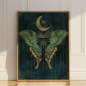 Luna Moth Wall Art Artdeco Digital Download Actias Luna Crescent Moon Witchy Occult Cottagecore Fairycore Artwork Vintage Wall Decor