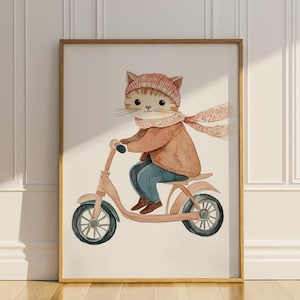 Arte de pared con diseño de gato en patinete, divertido, lindo, imprimible, para habitación infantil, decoración de pared, pintura de acuarela, animal, género neutro, descarga digital